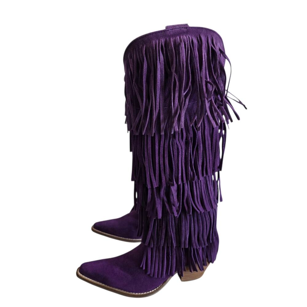Dingo Women's Size 8 Purple Wild Child Tall Suede Leather Fringe Heeled Boots - Picture 5 of 7